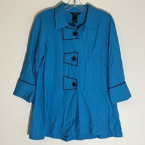 Ali Miles Top Womens Small Blue Black Lagenlook Artsy Button Up Pointed Collar S
